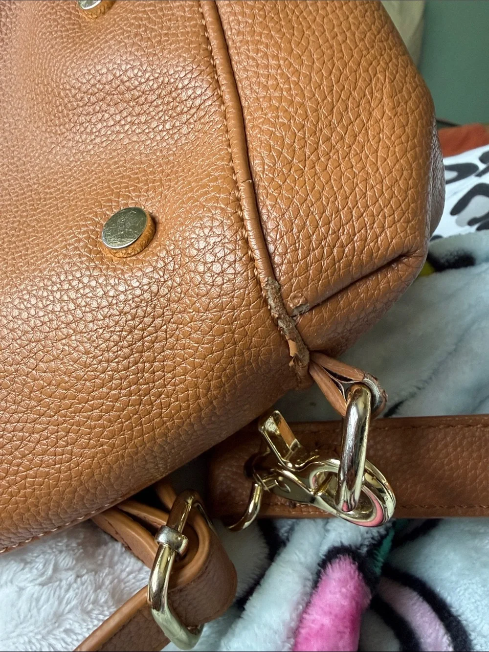 Lily & Jade Tan Leather Tote with Tassel and Colorful Strap